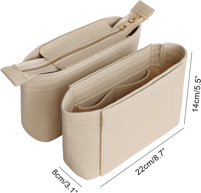 [Australia] - HyFanStr Felt Insert Bag Organizer with Zipper, Small Handbag Purse Organizer Tote Liner Pouch for Women, 2 Piece Set … 7.5"L x 2.8"W x 5.5"H Beige 