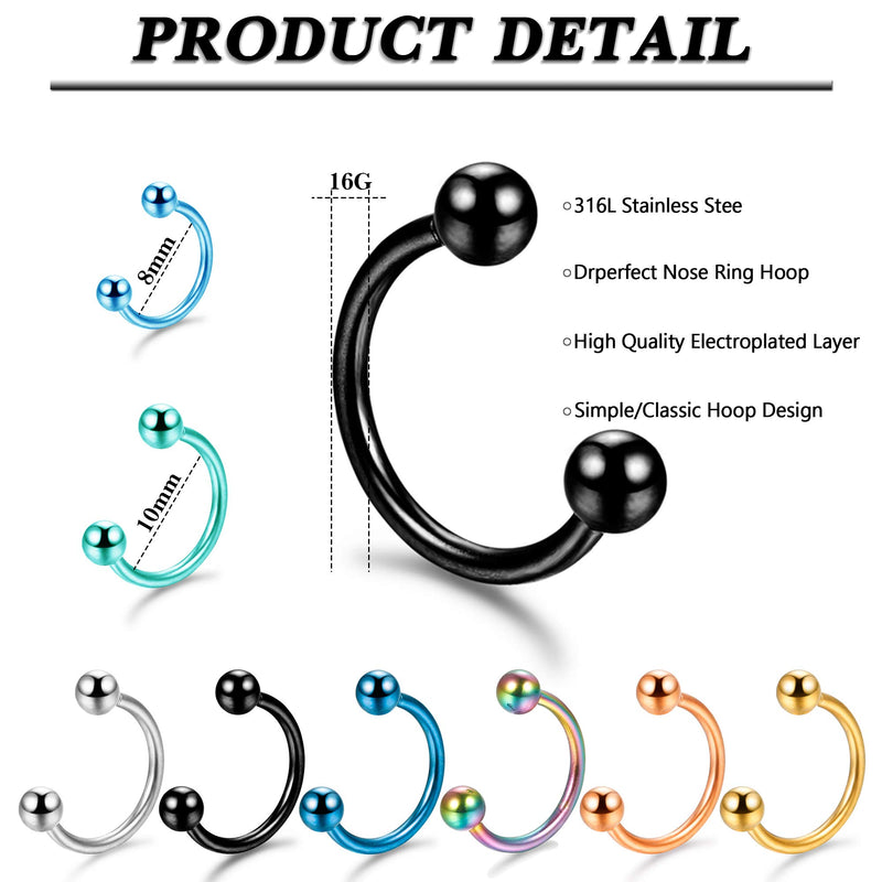 [Australia] - Drperfect 16G Stainless Steel Horseshoe Nose Septum Rings Piercing Jewelry Cartilage Helix Tragus Daith Earring Hoop Eyebrow Lip Horseshoe Piercing for Women Men 8mm 10mm Style 1 