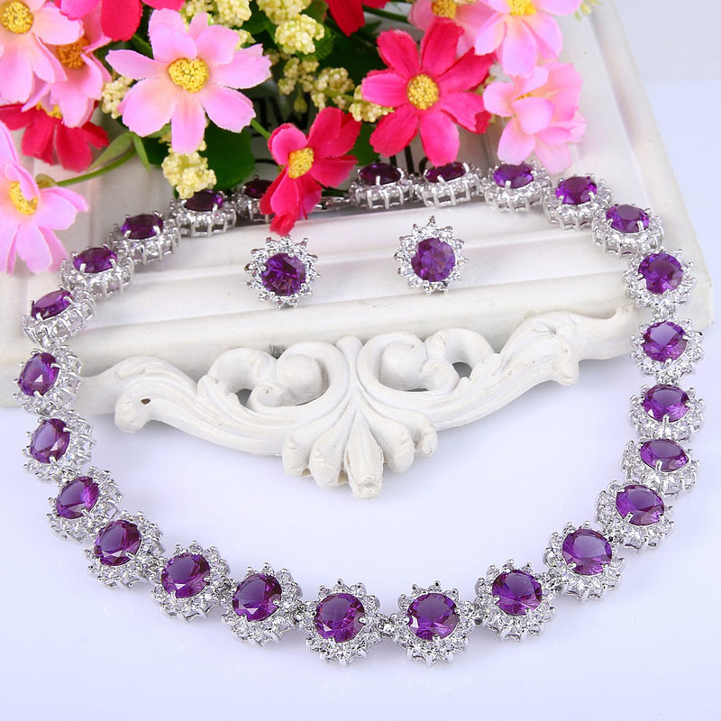 [Australia] - EVER FAITH Elegant Star Round Prong CZ Birthstone Necklace Earrings Set Purple 