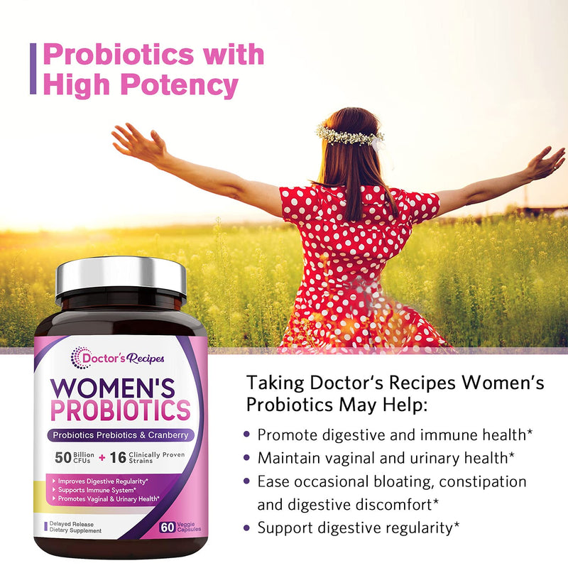 [Australia] - Doctor's Recipes Women’s Probiotic, 60 Caps 50 Billion CFU 16 Strains, with Organic Prebiotics Cranberry, Digestive Immune Vaginal & Urinary Health, Shelf Stable, Delayed Release, No Soy Gluten Dairy 60 Count (Pack of 1) 