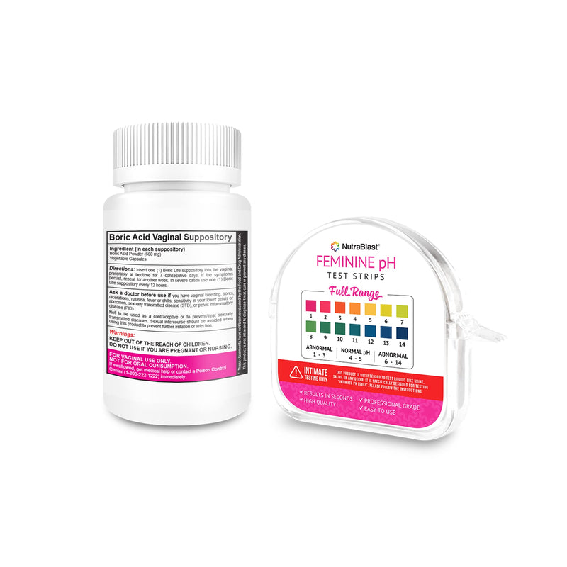 [Australia] - NutraBlast Boric Acid Vaginal Suppositories 600mg (30 Count) & Feminine pH Test Strips 1-14 (100-Tests Roll) | Monitor Feminine Intimate Health | Acidity & Alkalinity Balance 