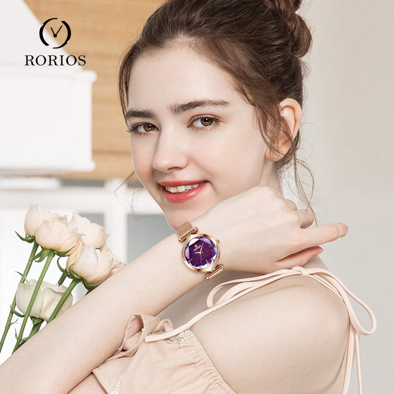 [Australia] - RORIOS Fashion Women Watches Analogue Quartz Watch Ladies Rhinestone Wristwatch with Stainless Steel Mesh Strap Shining Dress Watch for Womens Ladies Purple 