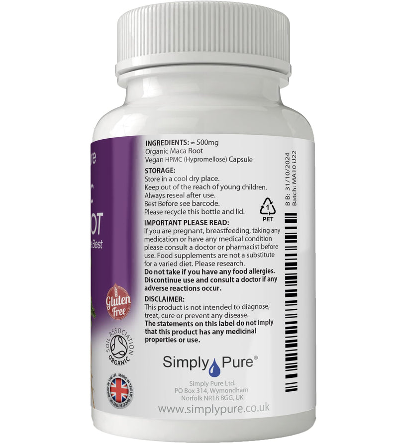 [Australia] - Simply Pure Organic Vegan Maca Root Capsules x 90, 500mg, 100% Natural Soil Association Certified, Gluten Free and GM Free 