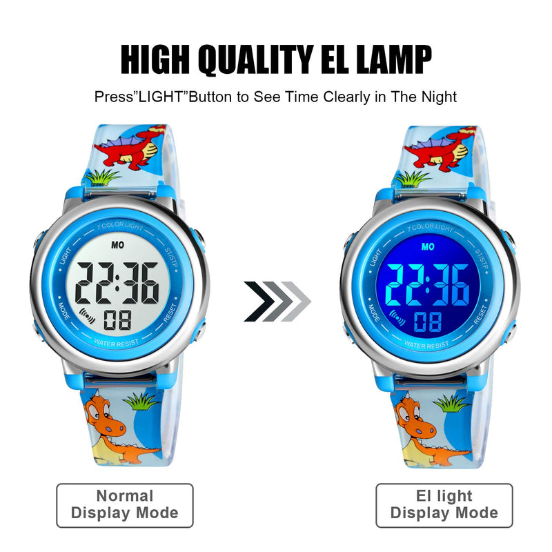 [Australia] - Kids Digital Watch, Boys Sports Waterproof Led Watches Kids Watches with Alarm Wrist Watches for Boy Girls Children 7Color Blue Dinosaurs 