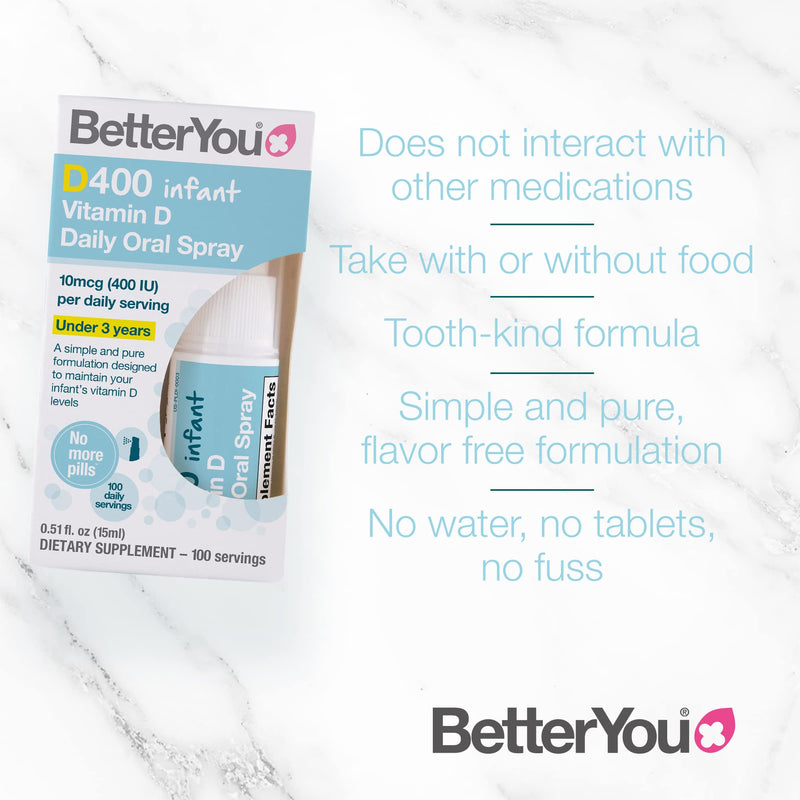 [Australia] - BetterYou Infant Vitamin D Daily Oral Spray | 400 IU (10UG) of Vitamin D3 | Oral Vitamin D Supplement to Support Infant Development | Birth to 3 years | 15ml (100 Sprays) 