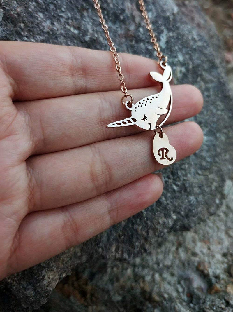 [Australia] - YOUCANDOIT2 Heart Shaped Initial Letter Cute Narwhal Happy Sea Ocean Unicorn Necklace 18 Inch R stainless-steel 