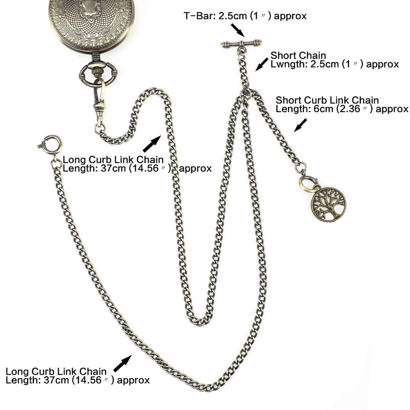 [Australia] - ManChDa Double Albert Chain Pocket Watch, Curb Link Chain 3 Hook Antique Plating Shield Design Fob T Bar for Men with Life Tree Pendant Bronze 
