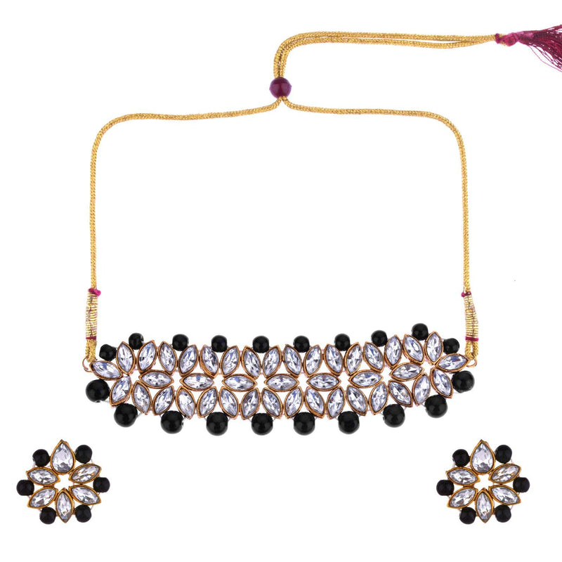 [Australia] - Efulgenz Crystal Kundan Pearl Rhinestone Indian Boho Floral Choker Neckalce Earrings Wedding Bridal Jewelry Set Black 