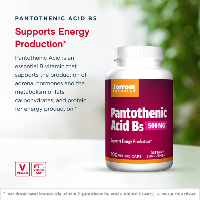 [Australia] - Jarrow Formulas Pantothenic Acid B5 500 mg - 100 Veggie Caps - Essential B Vitamin - Energy Production & Metabolism Support - 100 Servings 