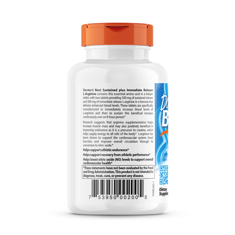 [Australia] - Doctor's Best Sustained Plus Immediate Release L-Arginine, Non-GMO, Vegan, Gluten & Soy Free, 500 mg, 120 Count 