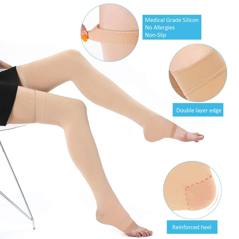 [Australia] - Compression Stockings Thigh High for Women Men 20-30 mmhg Graduated Compression Socks Open Toe Compression Support Hose with Non-Slide Silicone Dot Band for Swelling and Varicose Veins (Beige,XL) Beige X-Large (1 Pair) 