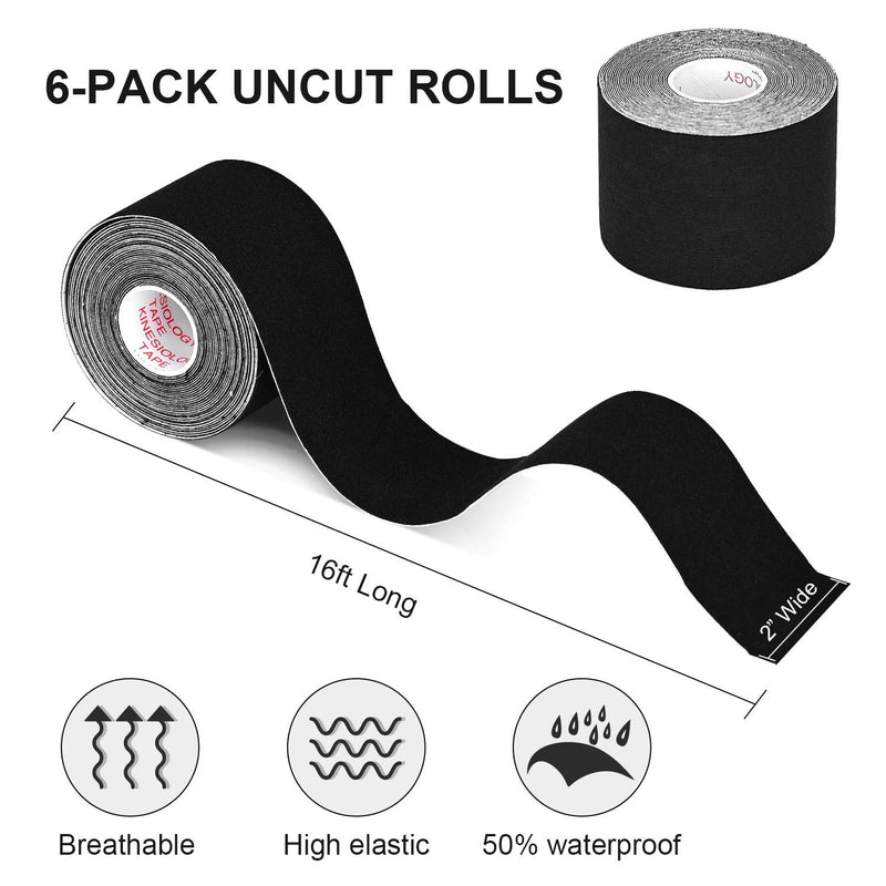 [Australia] - Kinesiology Tape Athletic Tape, Lychee Supports & Protects Muscles, Waterproof and Latex Free, Breathable Elastic for Sport Activity (Black, 6 Rolls) Black 