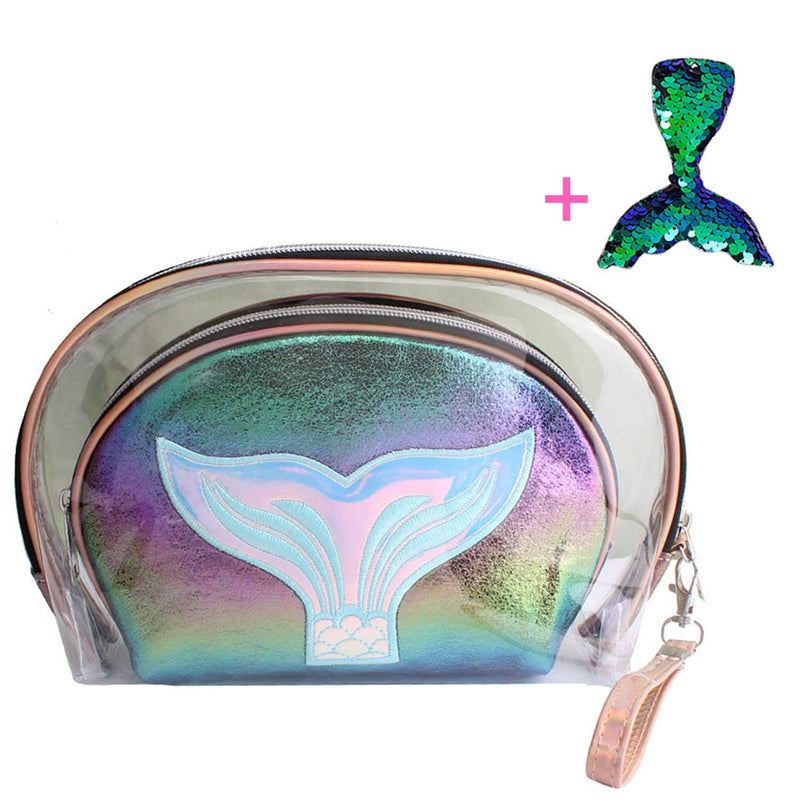 [Australia] - Cosmetic Bag Set Holographic Makeup Bag For Women Toiletry Travel Bag Makeup Organizer Cosmetic Bag For Girls Zippered Pouch Set Large Medium (Includes 1 Fishtail Keychain) 