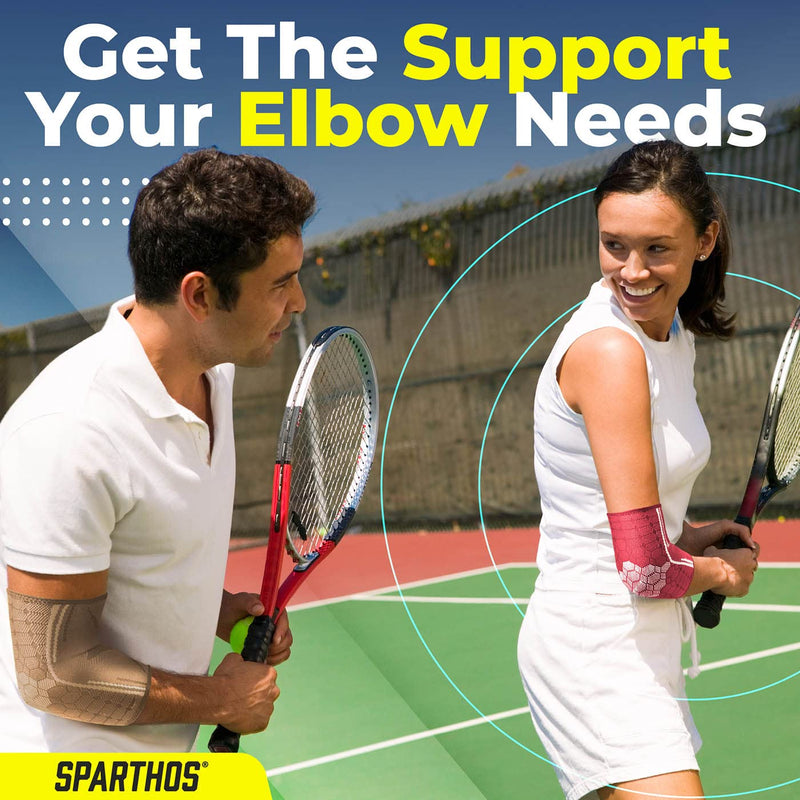 [Australia] - Sparthos Elbow Compression Sleeves (Pair) – Tennis and Golfer's Elbow Support – Elbow Brace for Men and Women – Made from Innovative Breathable Elastic Blend Large Desert Beige 