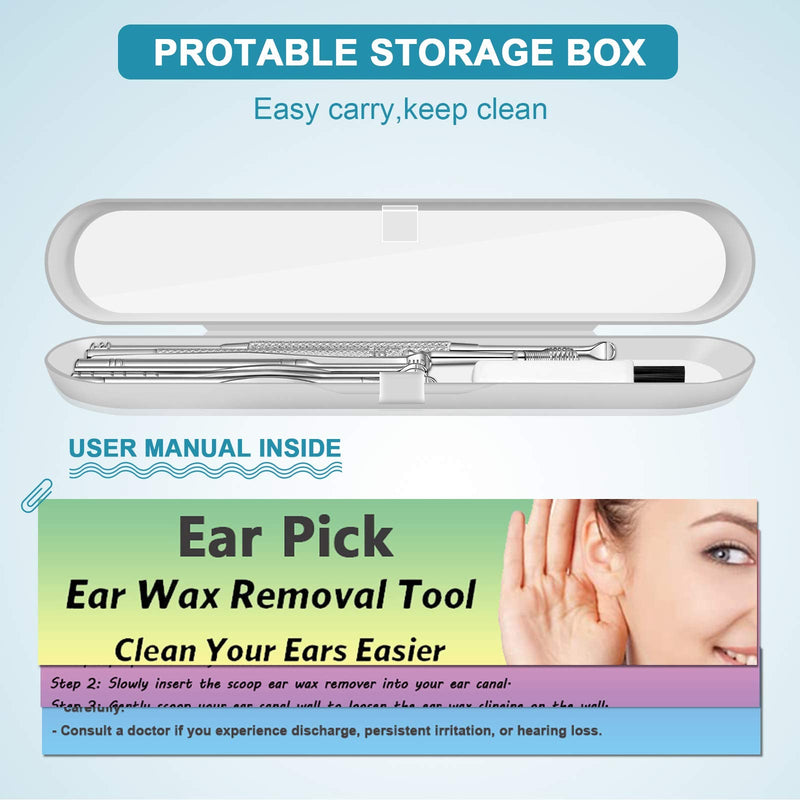 [Australia] - 8Pcs Ear Pick Ear Wax Removal Kit, Earwax Removal Tool, Ear Cleansing Set, Ear Curette Ear Wax Remover Tools with a Cleaning Brush and Storage Box, Medical Grade, for Ear Adult and Kid, Silver 