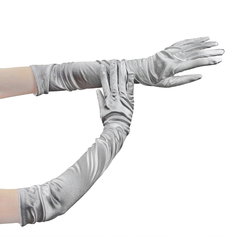 [Australia] - RUNHENG Women's Evening Party 17.75 inch Long Sillky Finish Satin Finger Gloves Silver 