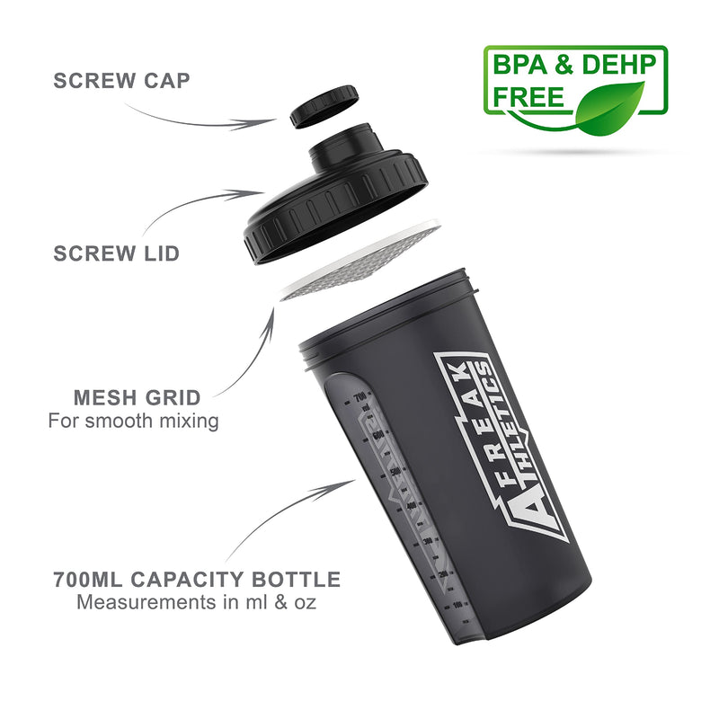 [Australia] - Freak Athletics Protein Shaker Bottle 700ml Premium BPA Free shaker Bottle (Black Transparent/Black Lid) Black Transparent / Black Lid 