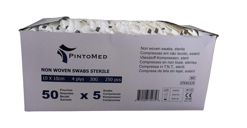 [Australia] - PintoMed - Non-Woven Swabs Sterile, Soft Wound Care, Absorbent, First Aid, 10cm x 10cm 4Plys - Pack of 250 Pcs, 50 Pouches, 5 per Pouch 