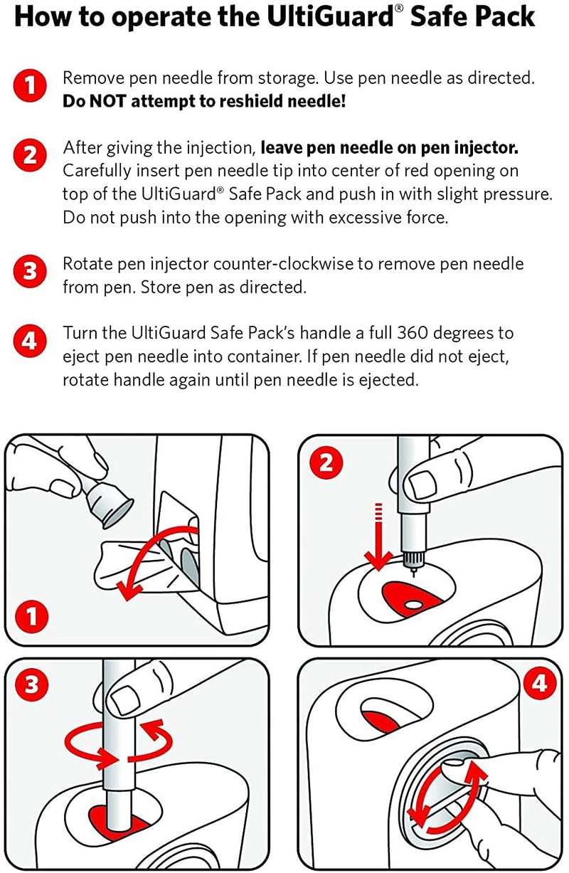 [Australia] - All-in-One UltiGuard Safe Pack Pen Needles and Sharps Container for at-Home Insulin Injections and Safe Needle Disposal, Size: Mini 4mm (5/32”) x 32G, 100 Count Self-disposal 