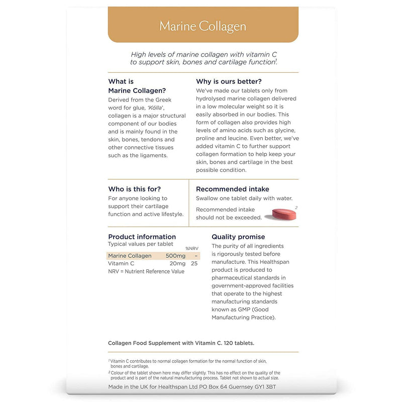 [Australia] - Healthspan Marine Collagen 500mg (120 Tablets) | Hydrolysed Type I Marine Collagen | Support Your Skin, Bones & Joints | Added Benefits for Skin & Beauty | with Vitamin C 