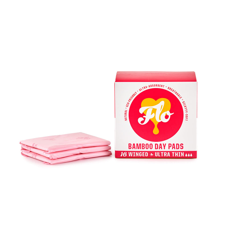 [Australia] - FLO Organic Bamboo Sanitary Pads with Wings - Silky Soft, Ultra- Absorbent Biodegradable - Ultra-Thin Day Pads Pack - 16 Count 