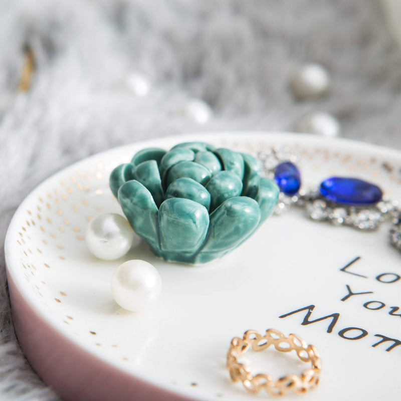 [Australia] - Jojuno Mom Gift Ring Holder Dish Ceramic Succulents Decorative Trinket Plate - 4.5 Inches Diameter Jewelry Dish Tray- Love You Mom Birthday Xmas Gift 