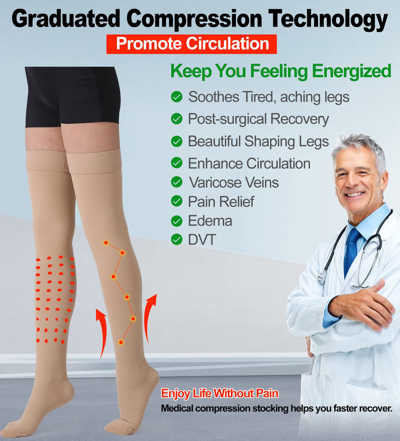 [Australia] - Thigh High Compression Stockings, Closed Toe, Pair, Firm Support 20-30mmHg Gradient Compression Socks with Silicone Band, Unisex, Opaque, Best for Spider & Varicose Veins, Edema, Swelling, Beige L Large (1 Pair) 