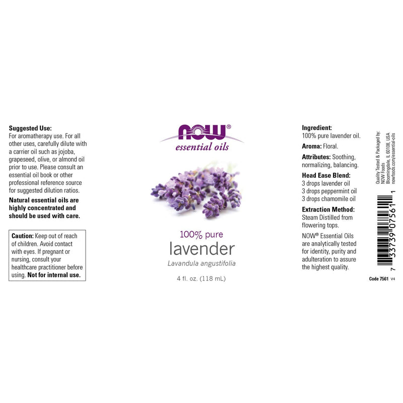 [Australia] - NOW Essential Oils, Lavender Oil, Soothing Aromatherapy Scent, Steam Distilled, 100% Pure, Vegan, Child Resistant Cap, 4-Ounce 4 Fl Oz (Pack of 1) 