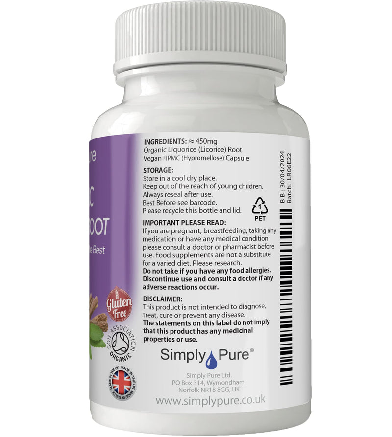 [Australia] - Simply Pure Organic Liquorice Root Capsules x 90, 100% Natural Soil Association Certified, 450mg, Gluten Free, GM Free and Vegan. 