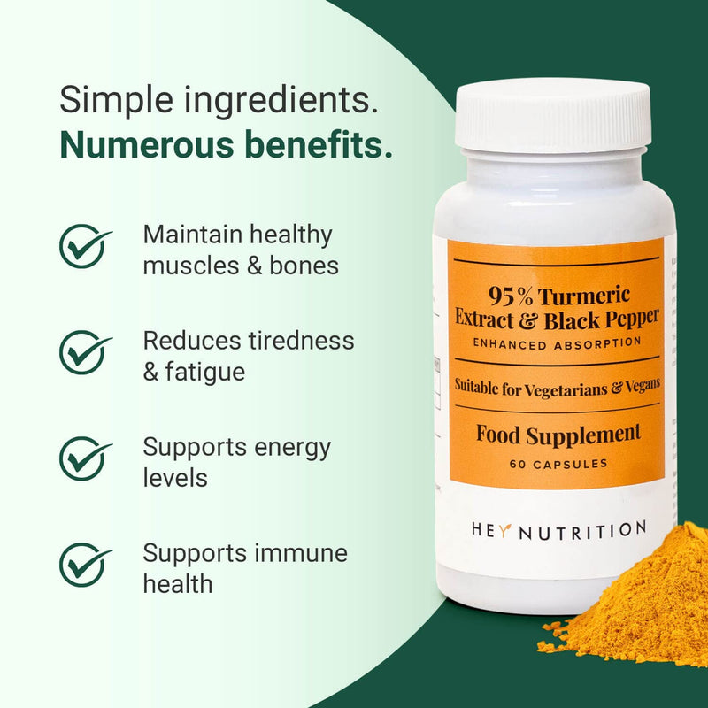 [Australia] - Hey Nutrition Turmeric Extract Complex Vitamin D3 & C, Black Pepper- Support Muscle & Joint Relief, Healthy Bones, Stress, DNA Protection - 60 Capsules - 200mg, Vegan 60 Count (Pack of 1) 
