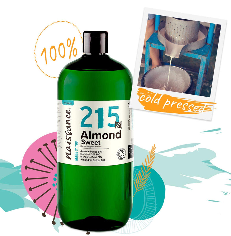 [Australia] - Naissance Certified Organic Sweet Almond Oil (no. 215) 1 Litre ‚Äì For Skin Hair Massage Nails Ears Face Body Stretch Marks - Natural Skin Care Cold Pressed Unrefined Food Grade Carrier Oil Aromatherapy 
