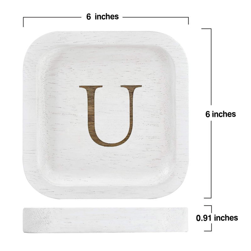 [Australia] - Solid Wood Personalized Initial Letter Jewelry Display Tray Decorative Trinket Dish Gifts For Rings Earrings Necklaces Bracelet Watch Holder (6"x6" Sq White "U") 6"x6" Sq White "U" 