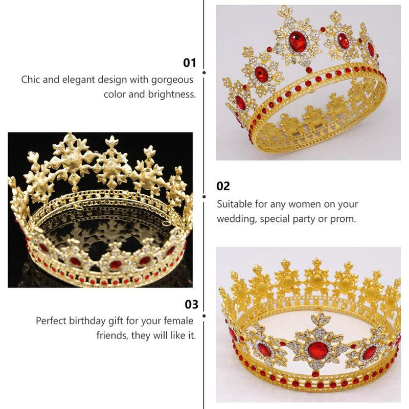 [Australia] - FRCOLOR Baroque Crown Queen Full Round Crowns Rhinestone Beads Vinatge Princess Tiara Wedding Headpiece for Women,Bride(Gold Red) 13x13cm Gold Red 