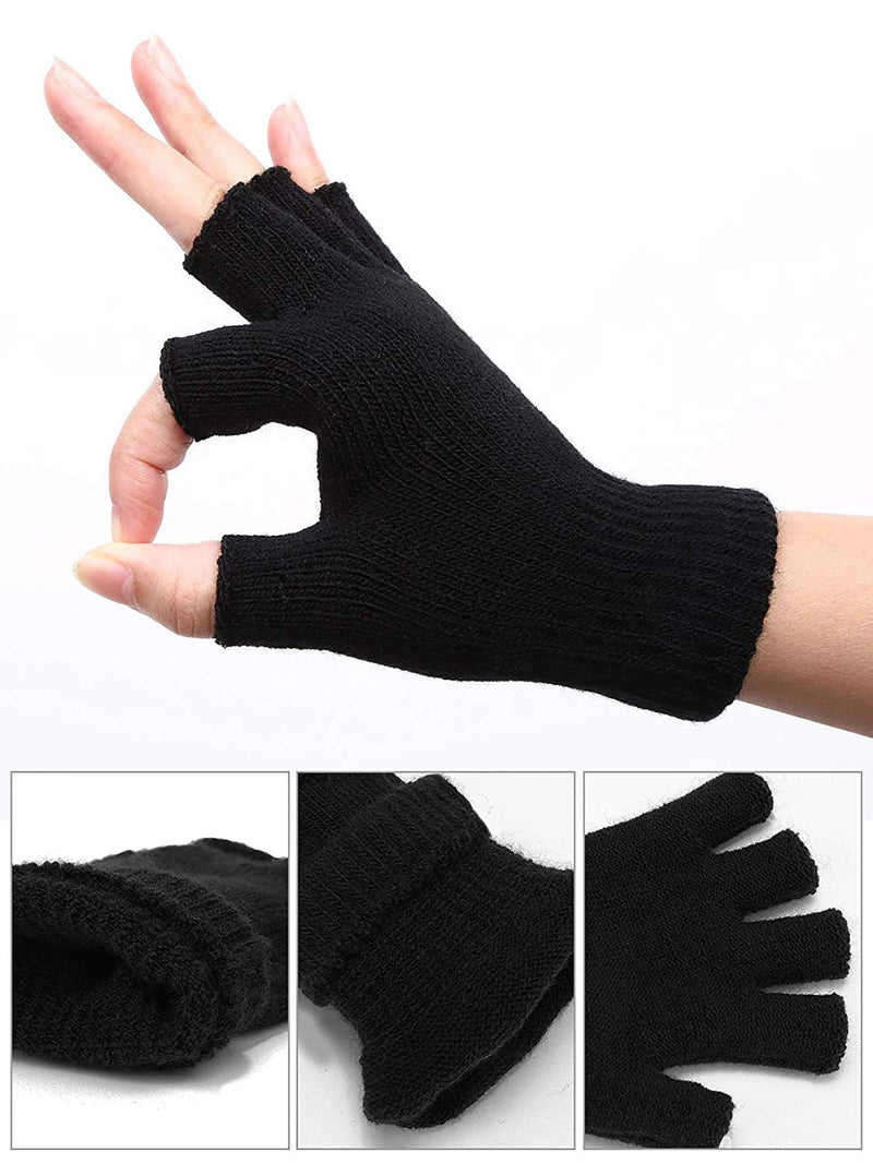 [Australia] - 4 Pairs Winter Half Finger Gloves Knitted Fingerless Mittens Warm Stretchy Gloves for Men and Women Black 