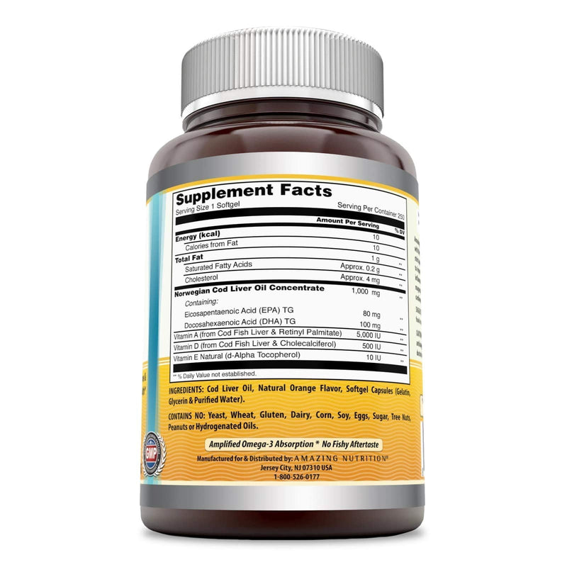 [Australia] - Amazing Omega Norwegian Cod Liver Oil 1000 Mg, Softgels (Orange, 250 Softgels) (Non-Gmo,Gluten Free) Orange 250 Count (Pack of 1) 