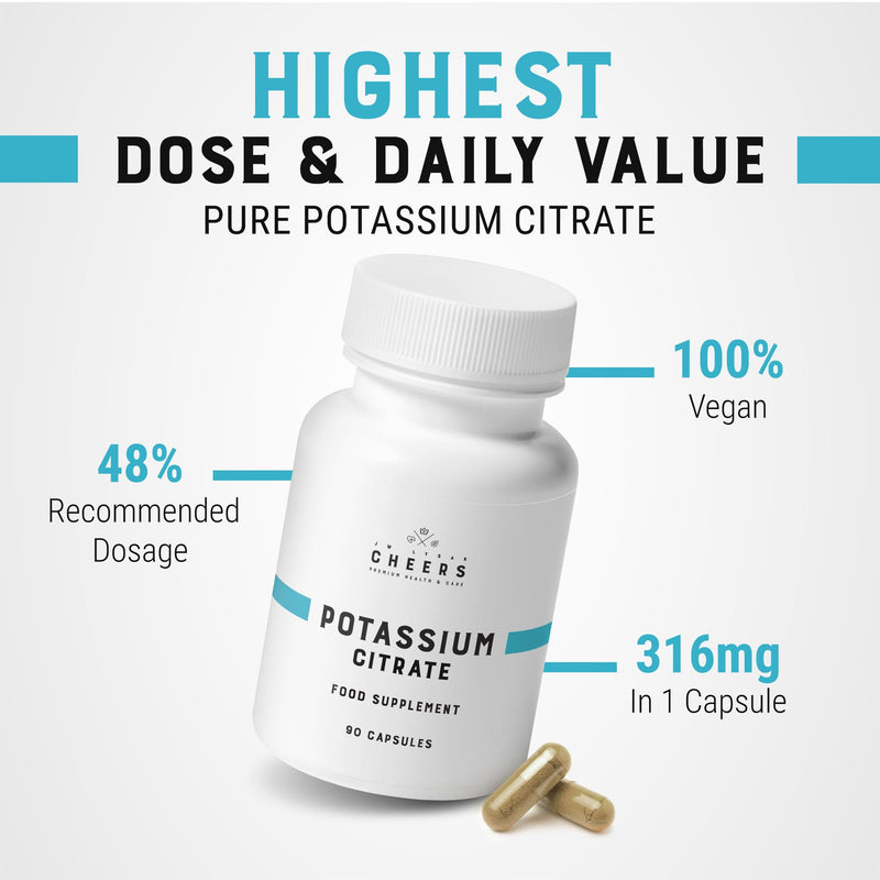 [Australia] - CHEERS - Potassium Citrate, 90 Vegan Capsules, 316 mg per Capsule, Potassium Supplement for Adults, Natural Mineral Electrolyte, Supports Cardiovascular and Blood Pressure Health 