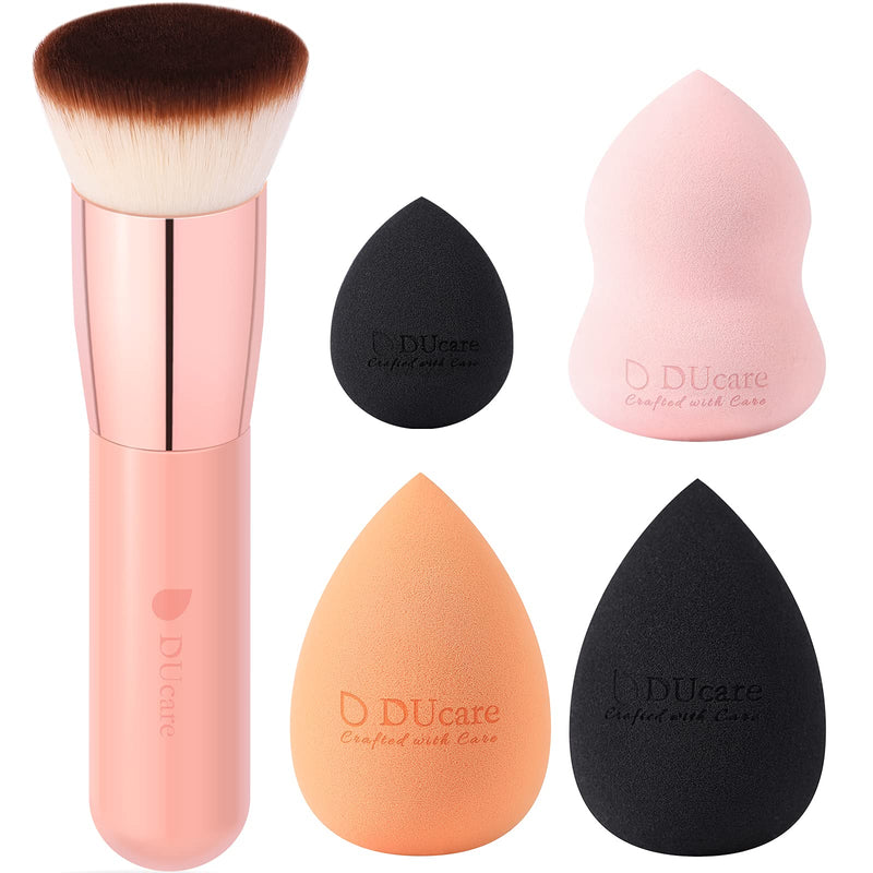 [Australia] - DUcare Makeup Sponges with Foundation Brush 4+1Pcs Flat Top Kabuki Professional Beauty Makeup Blender for Cream, Powder and Liquid - Non Latex 4+1Soponges and Foundation Brush 