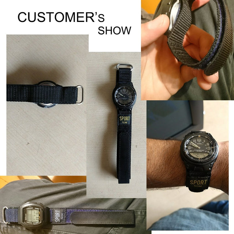 [Australia] - IVAPPON Hook Loop Sport Watch Strap 18mm 20mm Nylon Straps Black Blue Fastening Watchband… 18mm, Long length Black with Grey(Black Plastic Buckle) 