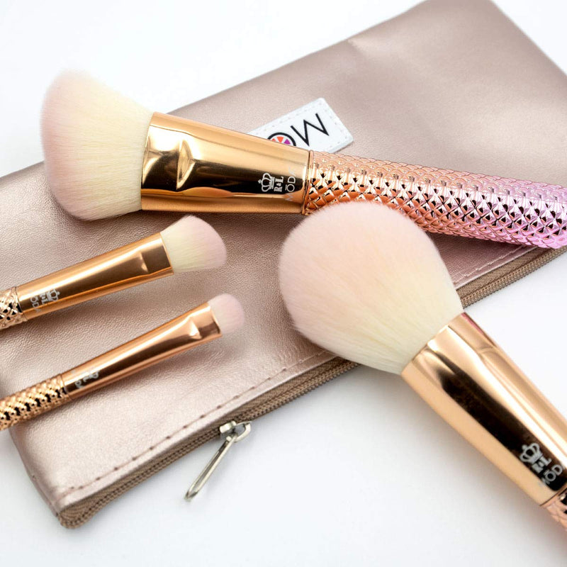 [Australia] - MODA Full Size Metallic Rose Complete Face 5pc Makeup Brush Set with Pouch, Includes - Round Powder, Angle Kabuki, Angle Shader, and Smudger Brushes, Rose Ombre 