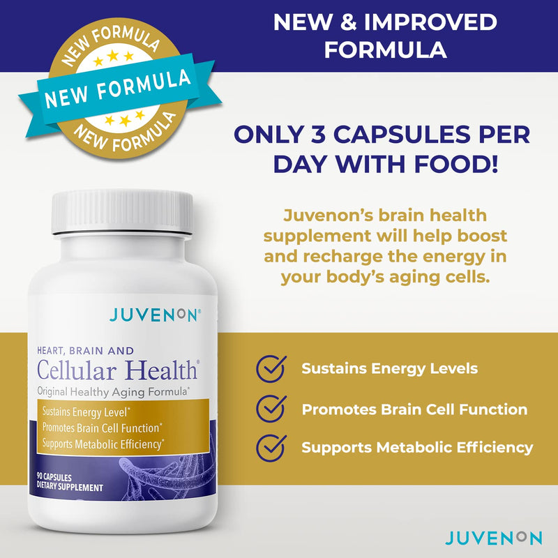 [Australia] - Juvenon Cellular Health Brain Supplement Nootropic Booster for Focus Memory Clarity Energy Advanced Brain Support Supplements for Healthy Aging Men and Women with Acetyl L-Carnitine and Biotin, 90 Capsules 90 Tablets 