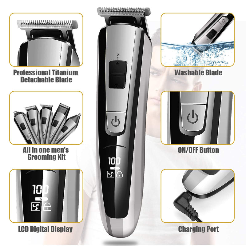 [Australia] - Hair Clippers Beard Trimmer Kit for Men Professional Cordless Hair Mustache Trimmer Hair Cutting Nose Ear Hair Trimmer Groomer Kit, 2 Speed, LED Display USB Rechargeable 5 in 1 