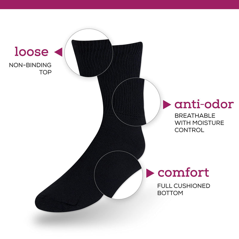 [Australia] - Men's Diabetic Cotton Crew Socks - Loose Fitting Non-Binding Top Circulatory Cushion Bottom Black 6 Pairs 9-11 