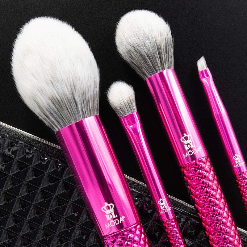 [Australia] - MODA Full Size Metallic Picture Perfect 5pc Makeup Brush Set with Pouch, Includes - Blush, Contour, Shader, Angle Liner Brushes, Metallic Pink 