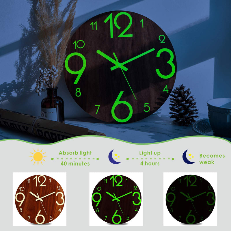 [Australia] - Plumeet Luminous Wall Clock - 12'' Non-Ticking Silent Wooden Clocks with Night Light - Large Decorative Wall Clock for Kitchen Office Bedroom,Battery Operated (Brown Face) Country Rustic 