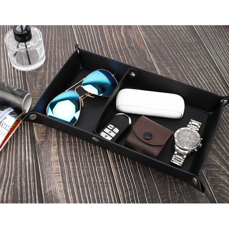 [Australia] - Luxspire Valet Tray, PU Leather Tray, Catchall Tray, Men Women Jewelry Key Tray, Removable Two Compartments Desk Storage Plate for Key Coin Phone Jewelry Wallet - Black Double Grid 