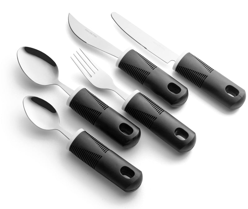 [Australia] - Special Supplies Adaptive Utensils (5-Piece Kitchen Set) Wide, Non-Weighted, Non-Slip Handles for Hand Tremors, Arthritis, Parkinson’s or Elderly use - Stainless Steel Knives, Fork, Spoons - Black 