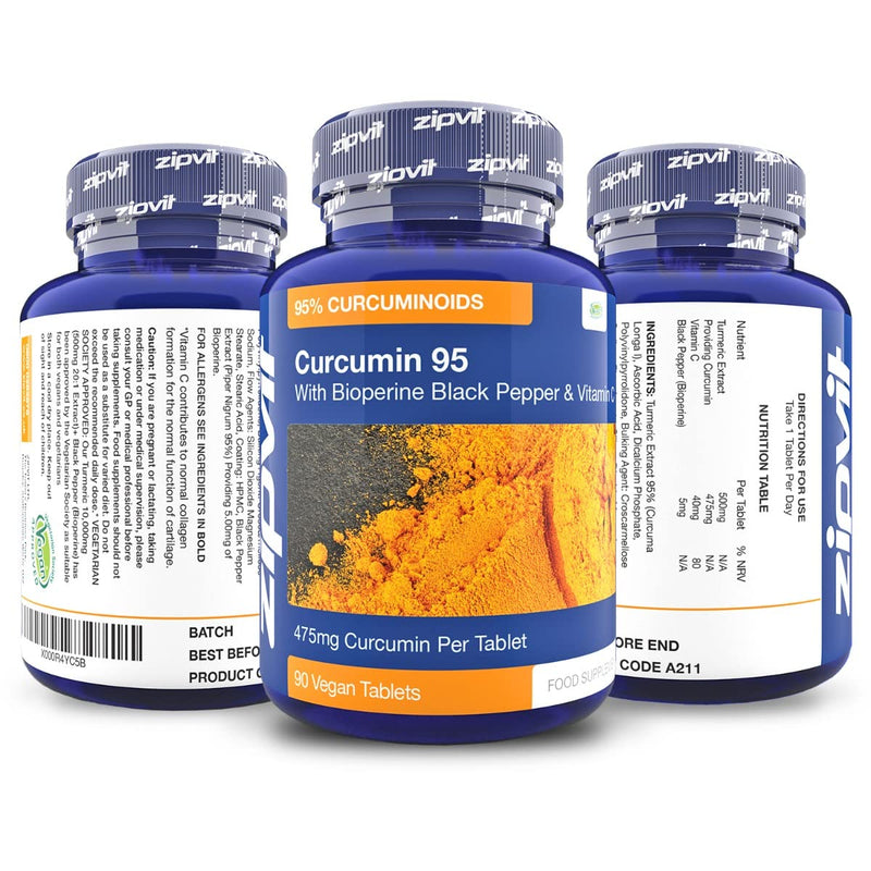 [Australia] - Curcumin 95 with Bioperine, Turmeric Curcumin Supplement with 95% Active Curcumin. 90 Vegan Tablets, 3 Months Supply. Vegetarian Society Approved Curcumin Supplement. 