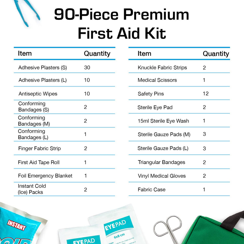 [Australia] - 90 Piece Premium First Aid Kit Bag - Includes Eyewash, 2 x Cold (Ice) Packs and Emergency Blanket for Home, Office, Car, Caravan, Workplace, Travel Green 