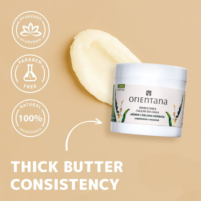 [Australia] - Orientana 100% Natural Rich Body Butter - Shea Butter Jasmine & Green Tea - Vegan Organic Scented Moisturiser - Hydrating Firming Relaxing Dry Sensitive Skin - Cocoa Almond Magnesium & Vitamin E, 100g 