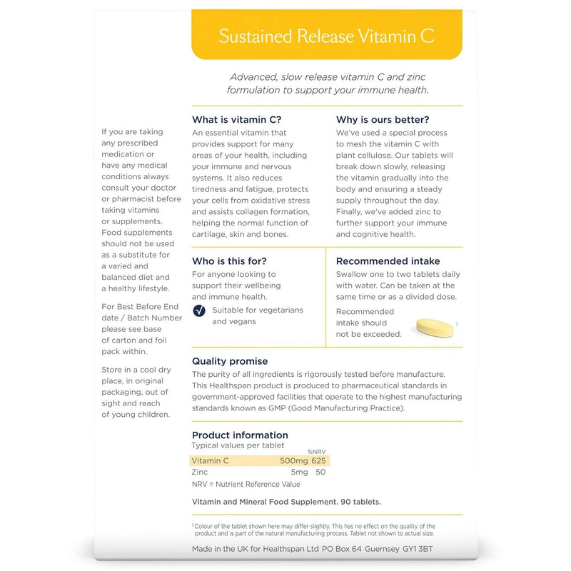 [Australia] - Healthspan Vitamin C Sustained Release 500mg (3 Months' Supply) | to Support Your Immune and Nervous Systems | Added zinc to Support Cognitive Function | Vegan 
